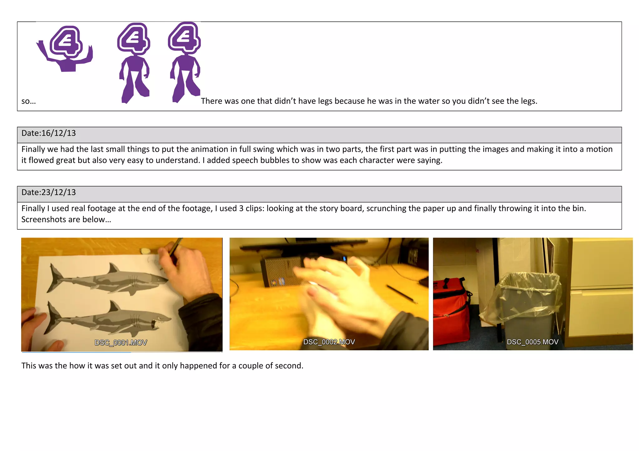 so… There was one that didn’t have legs because he was in the water so you didn’t see the legs.
Date:16/12/13
Finally we had the last small things to put the animation in full swing which was in two parts, the first part was in putting the images and making it into a motion
it flowed great but also very easy to understand. I added speech bubbles to show was each character were saying.
Date:23/12/13
Finally I used real footage at the end of the footage, I used 3 clips: looking at the story board, scrunching the paper up and finally throwing it into the bin.
Screenshots are below…
This was the how it was set out and it only happened for a couple of second.
 