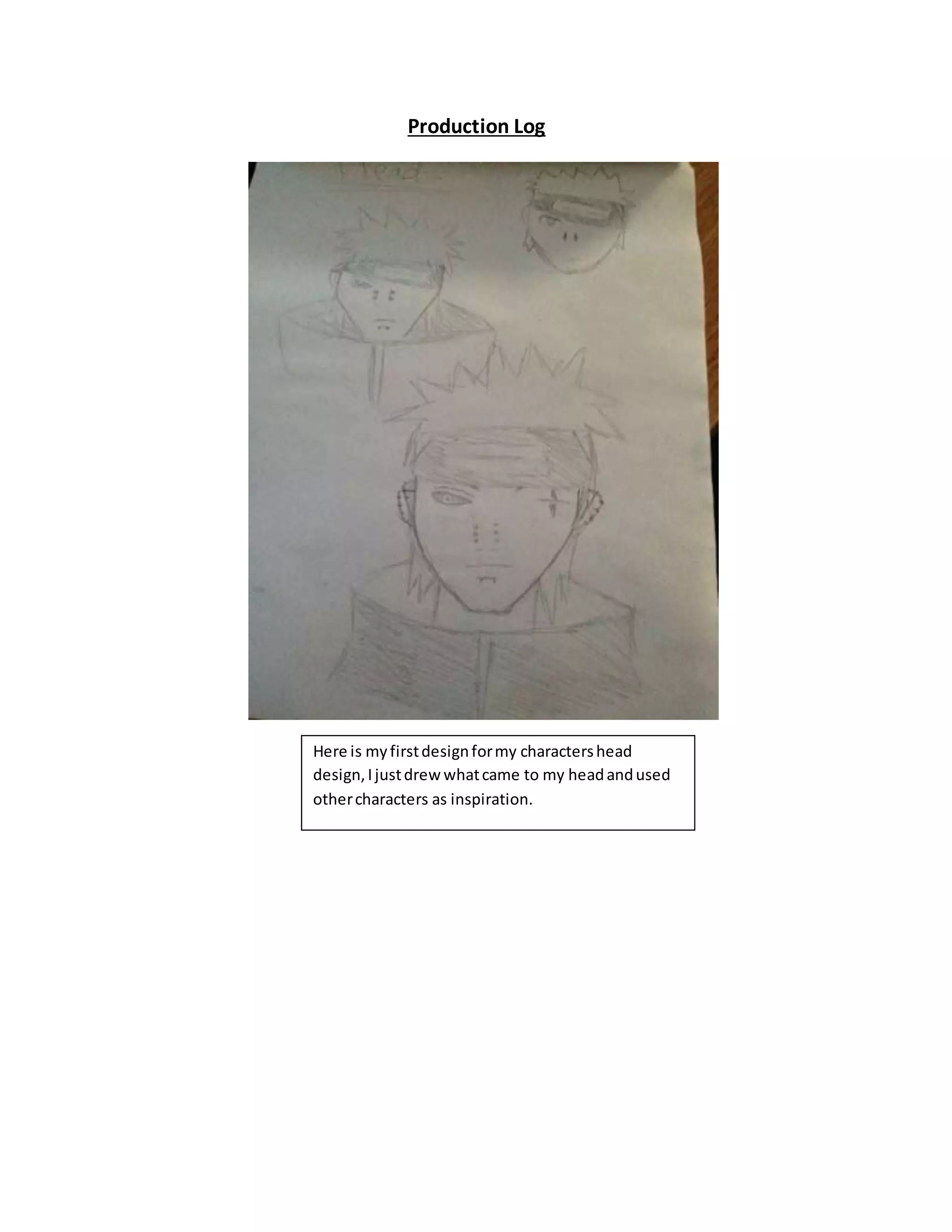 Production Log
Here is myfirstdesignformy charactershead
design,Ijustdrew whatcame to my headandused
othercharacters as inspiration.