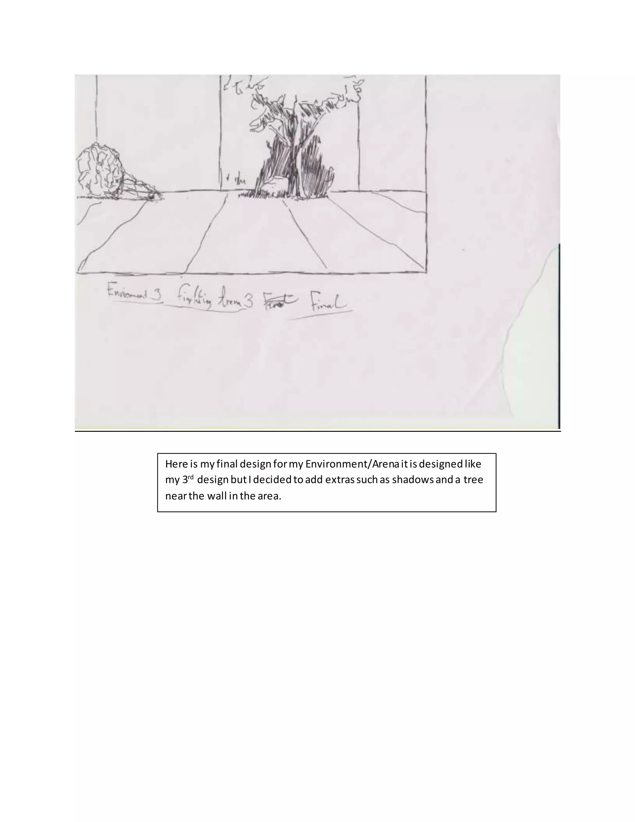 Here is myfinal designformy Environment/Arenaitisdesignedlike
my 3rd
designbutIdecidedtoadd extrassuchas shadowsanda tree
nearthe wall inthe area.
 