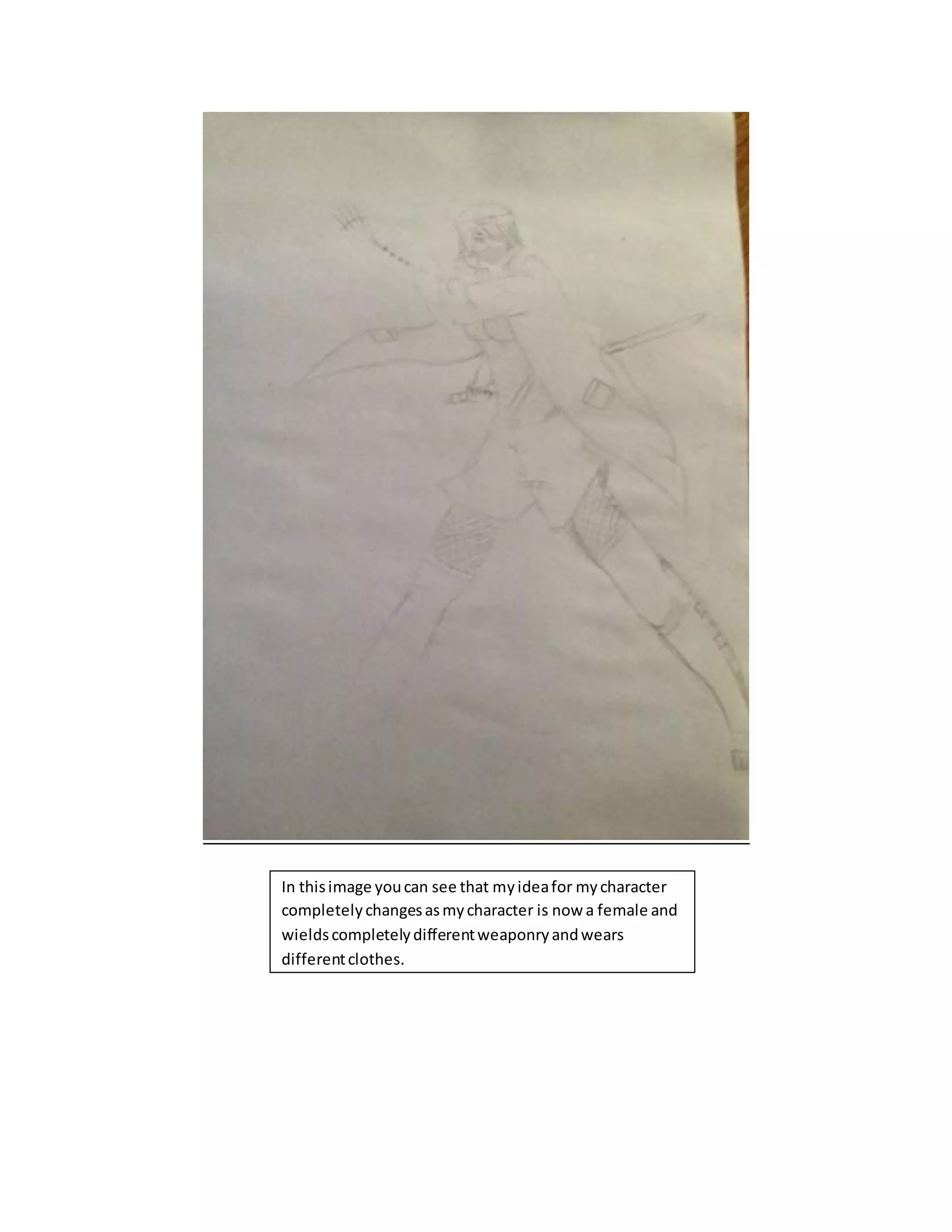 In thisimage youcan see that myideafor mycharacter
completelychangesasmycharacter is now a female and
wieldscompletelydifferentweaponryandwears
differentclothes.
 