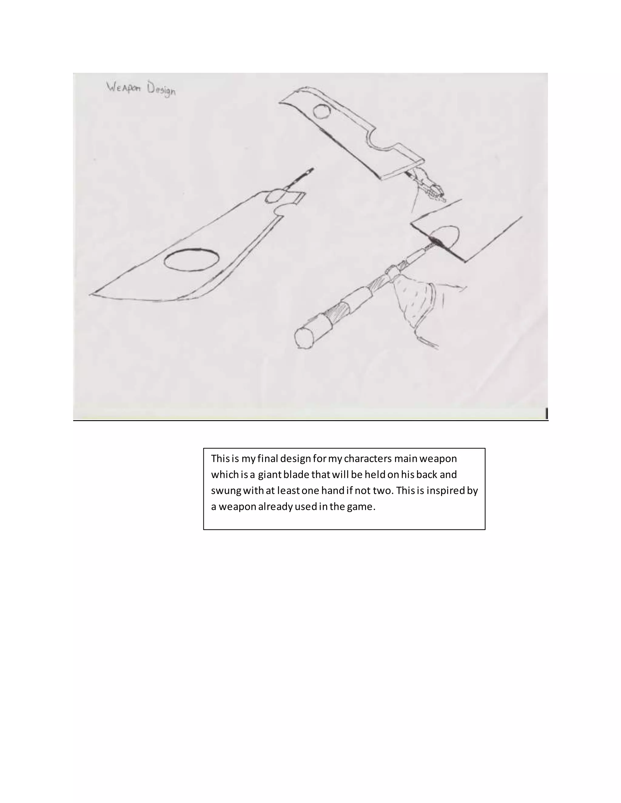 Thisis myfinal designformycharacters mainweapon
whichisa giantblade thatwill be heldonhisback and
swungwithat leastone handif not two. Thisis inspiredby
a weaponalreadyusedinthe game.
 