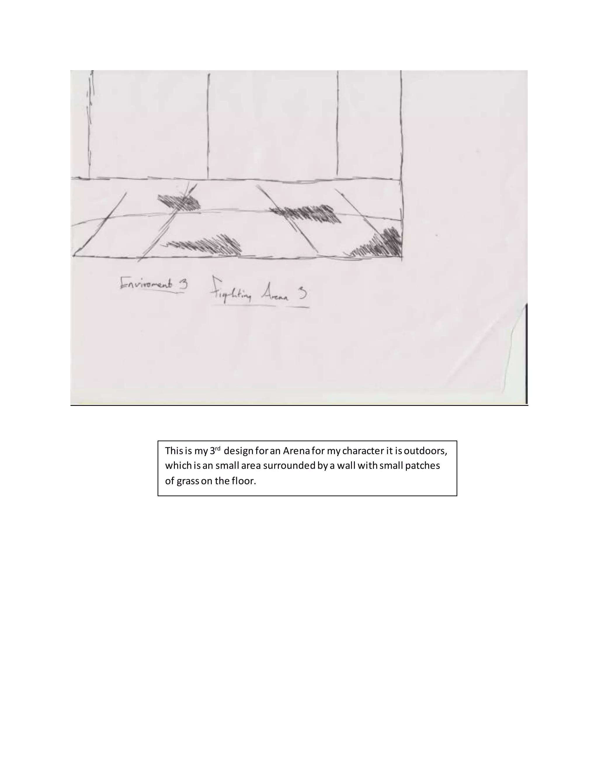 Thisis my3rd
designforan Arenafor mycharacter it isoutdoors,
whichisan small area surroundedbya wall withsmall patches
of grasson the floor.
 