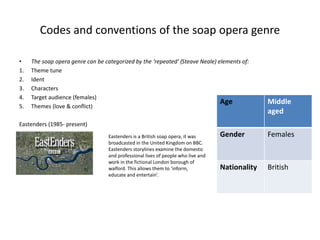 Codes and conventions of the soap opera genre
• The soap opera genre can be categorized by the ‘repeated’ (Steave Neale) elements of:
1. Theme tune
2. Ident
3. Characters
4. Target audience (females)
5. Themes (love & conflict)
Eastenders (1985- present)
Eastenders is a British soap opera, it was
broadcasted in the United Kingdom on BBC.
Eastenders storylines examine the domestic
and professional lives of people who live and
work in the fictional London borough of
walford. This allows them to ‘inform,
educate and entertain’.
Age Middle
aged
Gender Females
Nationality British
 