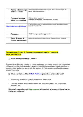 1
1
· Family relationships
and/or conflict
-Old woman dominant over everyone: about the red carpet etc.
-family daily life presented.
· Focus on working
class communities
-Women doing housework
-setting in small rooms, conventional to the class.
Disequilibrium’ (Todorov)
-The introduction of the grandmother changes what was constant
inside the family’s life.
· Romance -Old & Young couple being presented.
· Other Themes &
Issues represented:
-authority depending on age, theme of separation or distance.
Soap Opera Codes & Conventions continued – Lesson 4
Textual Analysis
1) What is the purpose of a trailer?
To promote and to gain interest for mass audiences of a media product by: informative
cliffhangers, using multi-stranded narratives, clashing/exaggerated imageries/clips, to
keep previous audiences going with the product (if it’s a series), social audiences can
spread the words.
2) What are the benefits of Multi-Platform promotion of a media text?
· Maximizing audiences- getting more views on the text
· Can reach those who doesn’t use certain platforms (Radio, TV, magazines,
internet...etc.
Ultimately, some form of Convergence is important when promoting a text to
the target audience.
 