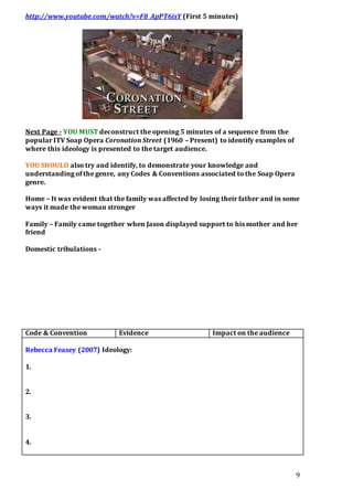 9
http://www.youtube.com/watch?v=F8_ApPT6isY (First 5 minutes)
Next Page - YOU MUST deconstruct the opening 5 minutes of a sequence from the
popular ITV Soap Opera Coronation Street (1960 – Present) to identify examples of
where this ideology is presented to the target audience.
YOU SHOULD also try and identify, to demonstrate your knowledge and
understanding of the genre, any Codes & Conventions associated to the Soap Opera
genre.
Home – It was evident that the family was affected by losing their father and in some
ways it made the woman stronger
Family – Family came together when Jason displayed support to his mother and her
friend
Domestic tribulations -
Code & Convention Evidence Impact on the audience
Rebecca Feasey (2007) Ideology:
1.
2.
3.
4.
 