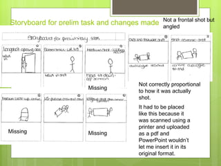 Storyboard for prelim task and changes made Missing  Missing Missing  Not a frontal shot but angled  Not correctly proportional to how it was actually shot.  It had to be placed like this because it was scanned using a printer and uploaded as a pdf and PowerPoint wouldn’t let me insert it in its original format. 