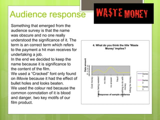 Audience response Something that emerged from the audience survey is that the name was obscure and no one really understood the significance of it. The term is an correct term which refers to the payment a hit man receives for undertaking a job.  In the end we decided to keep the name because it is significance to the content of the film.  We used a  “Cracked” font only found on iMovie because it had the effect of bullet holes and looks beaten.  We used the colour red because the common connotation of it is blood and danger, two key motifs of our film product.  