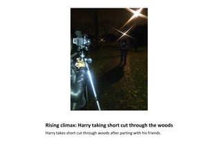Rising climax: Harry taking short cut through the woods
Harry takes short cut through woods after parting with his friends.
 