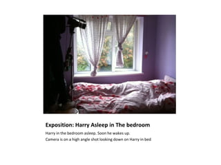 Exposition: Harry Asleep in The bedroom
Harry in the bedroom asleep. Soon he wakes up.
Camera is on a high angle shot looking down on Harry in bed
 