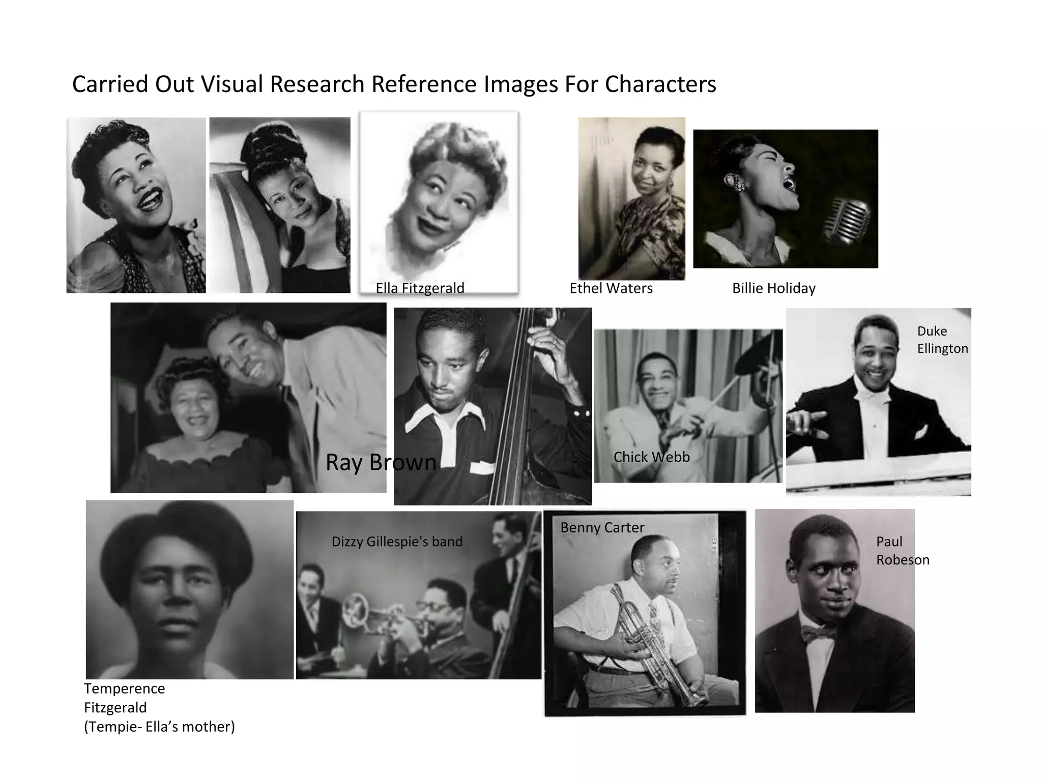 Carried Out Visual Research Reference Images For Characters




                                  Ella Fitzgerald    Ethel Waters       Billie Holiday

                                                                                              Duke
                                                                                              Ellington




                                                           Chick Webb
                           Ray Brown

                                                    Benny Carter
                           Dizzy Gillespie's band                                        Paul
                                                                                         Robeson




 Temperence
 Fitzgerald
 (Tempie- Ella’s mother)
 