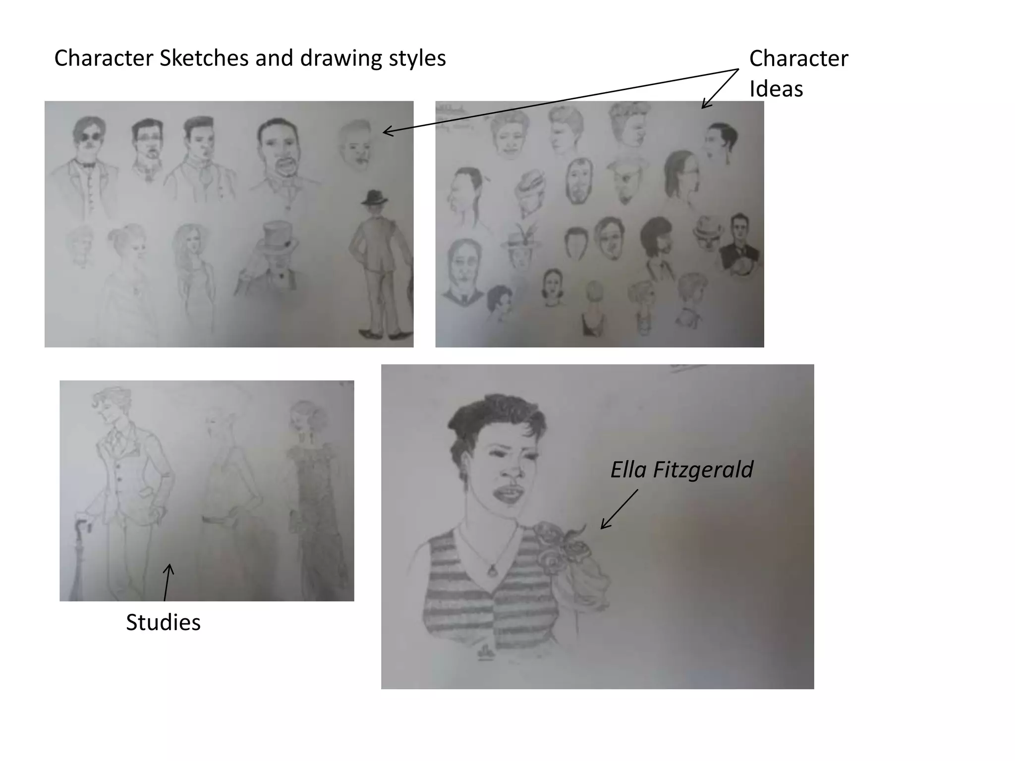 Character Sketches and drawing styles                 Character
                                                      Ideas




                                        Ella Fitzgerald




      Studies
 