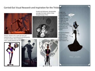 Carried Out Visual Research and Inspiration for the Trickster
                                                   Sneaky and dishonest, disreputable   Changes over
                                                   amongst the dead, which is how       time, becomes
                                                   Tempie knows of him                  thinner and more
                                                                                        skeletal and
                                                                                        deranged, his true
                                                                                        self begins to show
                                                                                        through as the
                                                                                        Demon slowly takes
                                                                                        his youth and health
                                                                                        because he is not
                                                                                        being paid the full
                                                                                        amount.

                                                                                        Like how the Beldam
                                                                                        from Coraline
Dresses refined to fit in with the time and                                             changes over time
everyone else, is conniving and calculating when                                        because Coraline
it comes to deals, there is always a                                                    disobeys her and
catch, usually payment for the demon                                                    doesn’t believe her.
 