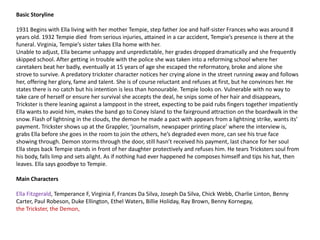 Basic Storyline

1931 Begins with Ella living with her mother Tempie, step father Joe and half-sister Frances who was around 8
years old. 1932 Tempie died from serious injuries, attained in a car accident, Tempie’s presence is there at the
funeral. Virginia, Tempie’s sister takes Ella home with her.
Unable to adjust, Ella became unhappy and unpredictable, her grades dropped dramatically and she frequently
skipped school. After getting in trouble with the police she was taken into a reforming school where her
caretakers beat her badly, eventually at 15 years of age she escaped the reformatory, broke and alone she
strove to survive. A predatory trickster character notices her crying alone in the street running away and follows
her, offering her glory, fame and talent. She is of course reluctant and refuses at first, but he convinces her. He
states there is no catch but his intention is less than honourable. Tempie looks on. Vulnerable with no way to
take care of herself or ensure her survival she accepts the deal, he snips some of her hair and disappears,
Trickster is there leaning against a lamppost in the street, expecting to be paid rubs fingers together impatiently
Ella wants to avoid him, makes the band go to Coney Island to the fairground attraction on the boardwalk in the
snow. Flash of lightning in the clouds, the demon he made a pact with appears from a lightning strike, wants its’
payment. Trickster shows up at the Grappler, ‘journalism, newspaper printing place’ where the interview is,
grabs Ella before she goes in the room to join the others, he’s degraded even more, can see his true face
showing through. Demon storms through the door, still hasn’t received his payment, last chance for her soul
Ella steps back Tempie stands in front of her daughter protectively and refuses him. He tears Tricksters soul from
his body, falls limp and sets alight. As if nothing had ever happened he composes himself and tips his hat, then
leaves. Ella says goodbye to Tempie.

Main Characters

Ella Fitzgerald, Temperance F, Virginia F, Frances Da Silva, Joseph Da Silva, Chick Webb, Charlie Linton, Benny
Carter, Paul Robeson, Duke Ellington, Ethel Waters, Billie Holiday, Ray Brown, Benny Kornegay,
the Trickster, the Demon,
 