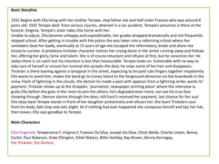 Basic Storyline
1931 Begins with Ella living with her mother Tempie, step father Joe and half-sister Frances who was around 8
years old. 1932 Tempie died from serious injuries, attained in a car accident, Tempie’s presence is there at the
funeral. Virginia, Tempie’s sister takes Ella home with her.
Unable to adjust, Ella became unhappy and unpredictable, her grades dropped dramatically and she frequently
skipped school. After getting in trouble with the police she was taken into a reforming school where her
caretakers beat her badly, eventually at 15 years of age she escaped the reformatory, broke and alone she
strove to survive. A predatory trickster character notices her crying alone in the street running away and follows
her, offering her glory, fame and talent. She is of course reluctant and refuses at first, but he convinces her. He
states there is no catch but his intention is less than honourable. Tempie looks on. Vulnerable with no way to
take care of herself or ensure her survival she accepts the deal, he snips some of her hair and disappears,
Trickster is there leaning against a lamppost in the street, expecting to be paid rubs fingers together impatiently
Ella wants to avoid him, makes the band go to Coney Island to the fairground attraction on the boardwalk in the
snow. Flash of lightning in the clouds, the demon he made a pact with appears from a lightning strike, wants its’
payment. Trickster shows up at the Grappler, ‘journalism, newspaper printing place’ where the interview is,
grabs Ella before she goes in the room to join the others, he’s degraded even more, can see his true face
showing through. Demon storms through the door, still hasn’t received her payment, last chance for her soul
Ella steps back Tempie stands in front of her daughter protectively and refuses her. She tears Tricksters soul
from his body, falls limp and sets alight. As if nothing had ever happened she composes herself and tips her hat,
then leaves. Ella says goodbye to Tempie.
Main Characters
Ella Fitzgerald, Temperance F, Virginia F, Frances Da Silva, Joseph Da Silva, Chick Webb, Charlie Linton, Benny
Carter, Paul Robeson, Duke Ellington, Ethel Waters, Billie Holiday, Ray Brown, Benny Kornegay,
the Trickster, the Demon,
 