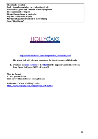 Steve looks worried
Becky looks happy is have a celebration drink
Non-verbal:“good luck” written in multiple places
Eileen crosses her fingers
Liz and Jason glance at each other
Roy and Haley smile, happy
Multiple characters involved in the wedding
Song: “I feel lucky”

http://www.channel4.com/programmes/hollyoaks/4od
The above link will take you to some of the latest episodes of Hollyoaks.
1. What are the connotations of the Ident for the popular Channel Four Teen
Soap Opera Hollyoaks (1995 – Present)?
Male Vs. Female
A clear gender divide
Pink before blue: indicates strong females
Hollyoaks – “White Wedding Trailer”
http://www.youtube.com/watch?v=Bu2sW-r9Vb4

12

 
