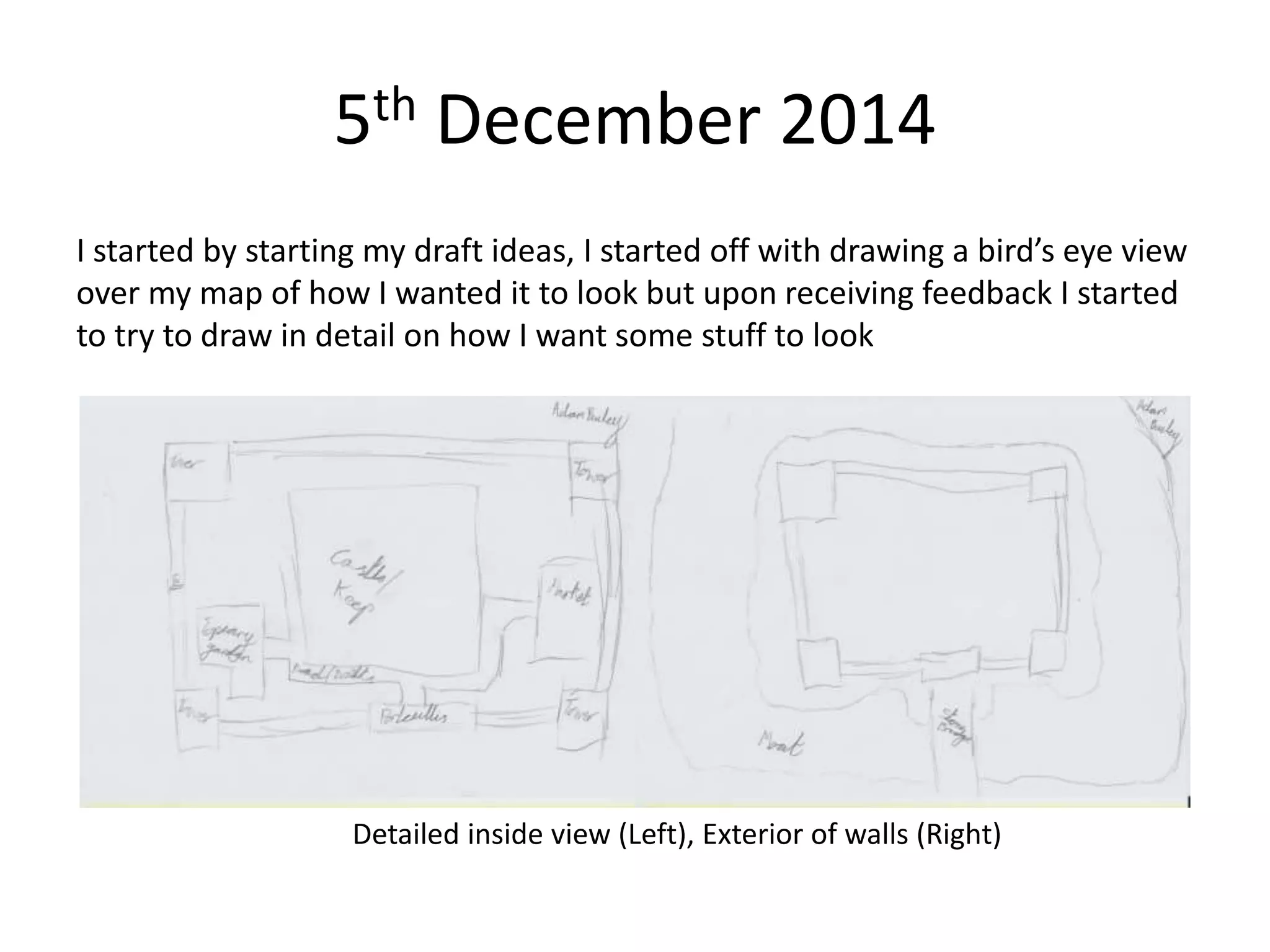 5th December 2014
I started by starting my draft ideas, I started off with drawing a bird’s eye view
over my map of how I wanted it to look but upon receiving feedback I started
to try to draw in detail on how I want some stuff to look
Detailed inside view (Left), Exterior of walls (Right)
 