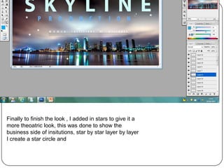 G all




Finally to finish the look , I added in stars to give it a
more theoatric look, this was done to show the
business side of insitutions, star by star layer by layer
I create a star circle and
 