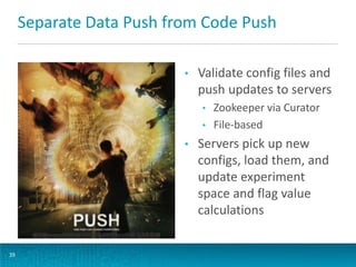 Separate Data Push from Code Push
•

Validate config files and
push updates to servers
•
•

•

39

Zookeeper via Curator
File-based

Servers pick up new
configs, load them, and
update experiment
space and flag value
calculations

 