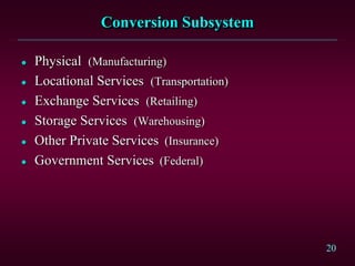 20 
Conversion Subsystem 
 Physical (Manufacturing) 
 Locational Services (Transportation) 
 Exchange Services (Retailing) 
 Storage Services (Warehousing) 
 Other Private Services (Insurance) 
 Government Services (Federal) 
 