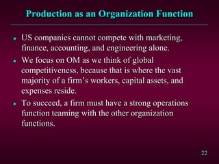 22 
Production as an Organization Function 
 US companies cannot compete with marketing, 
finance, accounting, and engineering alone. 
 We focus on OM as we think of global 
competitiveness, because that is where the vast 
majority of a firm’s workers, capital assets, and 
expenses reside. 
 To succeed, a firm must have a strong operations 
function teaming with the other organization 
functions. 
 