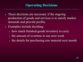 25 
Operating Decisions 
 These decisions are necessary if the ongoing 
production of goods and services is to satisfy market 
demands and provide profits. 
 Examples include deciding: 
 how much finished-goods inventory to carry 
 the amount of overtime to use next week 
 the details for purchasing raw material next month 
 