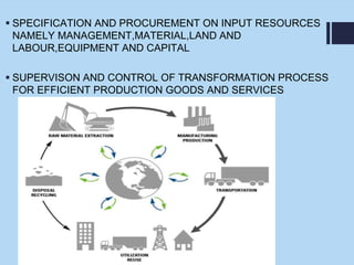  SPECIFICATION AND PROCUREMENT ON INPUT RESOURCES
NAMELY MANAGEMENT,MATERIAL,LAND AND
LABOUR,EQUIPMENT AND CAPITAL
 SUPERVISON AND CONTROL OF TRANSFORMATION PROCESS
FOR EFFICIENT PRODUCTION GOODS AND SERVICES
 