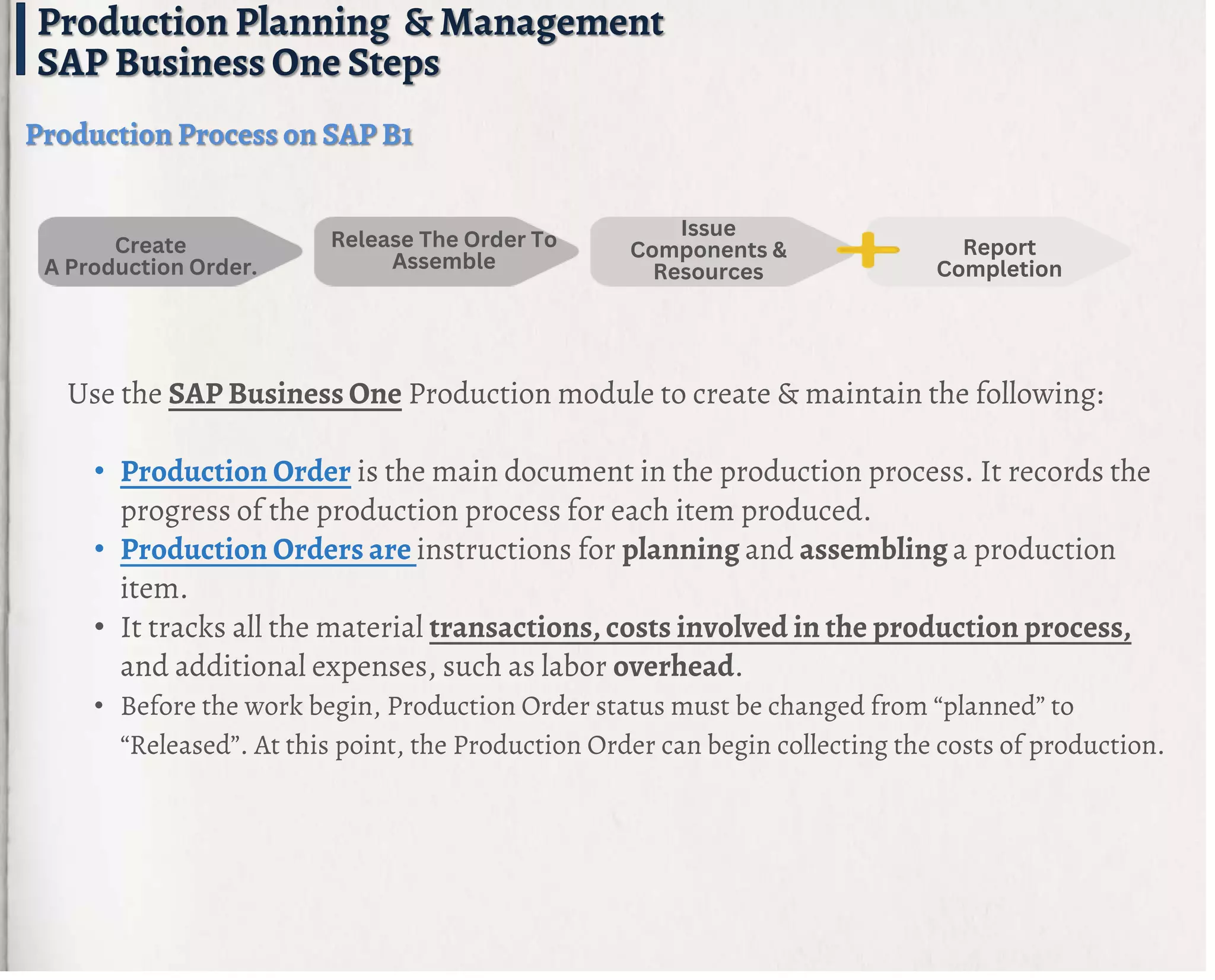 Production Planning & Management
SAP Business One Steps
Production Process on SAP B1
Create
A Production Order.
Release The Order To
Assemble
Issue
Components &
Resources
Report
Completion
Use the SAP Business One Production module to create & maintain the following:
• Production Order is the main document in the production process. It records the
progress of the production process for each item produced.
• Production Orders are instructions for planning and assembling a production
item.
• It tracks all the material transactions, costs involved in the production process,
and additional expenses, such as labor overhead.
• Before the work begin, Production Order status must be changed from “planned” to
“Released”. At this point, the Production Order can begin collecting the costs of production.
 
