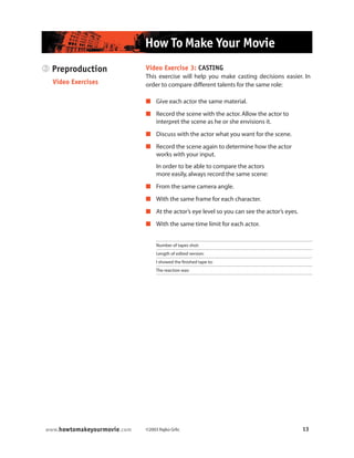 ©2003 Rajko Grlic 13www.howtomakeyourmovie.com
How To Make Your Movie
Video Exercise 3: CASTING
This exercise will help you make casting decisions easier. In
order to compare different talents for the same role:
 Give each actor the same material.
 Record the scene with the actor.Allow the actor to
interpret the scene as he or she envisions it.
 Discuss with the actor what you want for the scene.
 Record the scene again to determine how the actor
works with your input.
In order to be able to compare the actors
more easily,always record the same scene:
 From the same camera angle.
 With the same frame for each character.
 At the actor’s eye level so you can see the actor’s eyes.
 With the same time limit for each actor.
Number of tapes shot:
Length of edited version:
I showed the finished tape to:
The reaction was:
3 Preproduction
Video Exercises
 