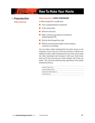 ©2003 Rajko Grlic 19www.howtomakeyourmovie.com
How To Make Your Movie
Video Exercise 6: VIDEO STORYBOARD
A video storyboard is usually shot:
 From a prepared drawn storyboard
 In the real location
 With the real actors
 With a minimal crew:director and director
of photography (DP)
 Shot by shot through the script
 Without worrying about lights,camera shaking,
costumes,or set design.
You can make a video storyboard for the entire movie, or one
important scene. If you are a first-time director, it will be very
helpful to make a video storyboard for your entire movie.Keep
the video storyboard and compare it with your final movie.
Find out if, how, and why you made changes and if they are
better. This can be the best learning experience of the whole
production process.
Number of tapes shot:
Length of edited version:
I showed the finished tape to:
The reaction was:
3 Preproduction
Video Exercises
 