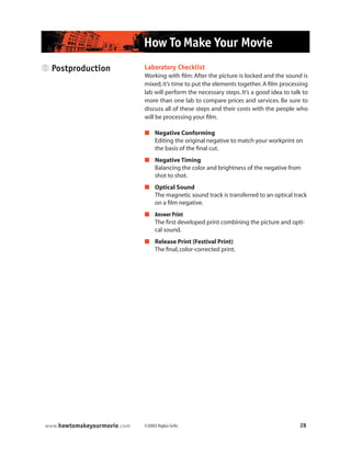 ©2003 Rajko Grlic 28www.howtomakeyourmovie.com
How To Make Your Movie
5 Postproduction Laboratory Checklist
Working with film: After the picture is locked and the sound is
mixed,it’s time to put the elements together.A film processing
lab will perform the necessary steps. It’s a good idea to talk to
more than one lab to compare prices and services. Be sure to
discuss all of these steps and their costs with the people who
will be processing your film.
 Negative Conforming
Editing the original negative to match your workprint on
the basis of the final cut.
 Negative Timing
Balancing the color and brightness of the negative from
shot to shot.
 Optical Sound
The magnetic sound track is transferred to an optical track
on a film negative.
 Answer Print
The first developed print combining the picture and opti-
cal sound.
 Release Print (Festival Print)
The final,color-corrected print.
 