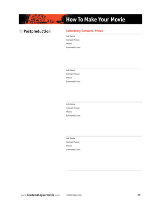 ©2003 Rajko Grlic 29www.howtomakeyourmovie.com
How To Make Your Movie
5 Postproduction Laboratory Contacts, Prices
Lab Name
Contact Person
Phone
Estimated Costs
Lab Name
Contact Person
Phone
Estimated Costs
Lab Name
Contact Person
Phone
Estimated Costs
Lab Name
Contact Person
Phone
Estimated Costs
 
