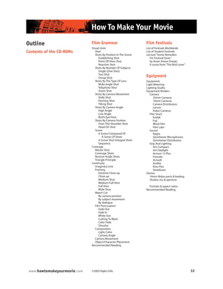 ©2003 Rajko Grlic 32www.howtomakeyourmovie.com
How To Make Your Movie
Outline
Contents of the CD-ROMs
Film Grammar
Visual Units
Shot
Shots By Position In The Scene
Establishing Shot
Point-Of-View Shot
Reaction Shot
Shots By Number Of Subjects
Single (One-Shot)
Two Shot
Group Shot
Shots By The Type Of Lens
Wide-Angle Shot
Telephoto Shot
Zoom Shot
Shots By Camera Movement
Dolly Shot
Panning Shot
Tilting Shot
Shots By Camera Angle
High Angle
Low Angle
Bird’s-Eye View
Shots By Camera Position
Over-The-Shoulder Shot
Head-On Shot
Scene
A Scene Composed Of
A Series Of Shots
A Scene Shot (Integral Shot)
Sequence
Coverage
Master Shot
Coverage Shots
Reverse Angle Shots
Triangle Principle
Continuity
Imaginary Line
Framing
Extreme Close-up
Close-up
Medium Shot
Medium Full Shot
Full Shot
Wide Shot
Match Cut
By camera position
By subject movement
By dialogue
Film Punctuation
Fade Out
Fade In
White Out
Cutting To Black
Color Fade
Dissolve
Composition
Light,Color
Camera Angle
Camera Movement
Object/Character Placement
Recommended Reading
Film Festivals
List of Festivals Worldwide
List of Student Festivals
Lecture:“Some Remedies
For Festival Fever”
by Arsen Anton Ostojic
A scene from“The Bird Lover”
Equipment
Equipment
Light Metering
Lighting Studio
Equipment Binders
Camera
35mm Cameras
16mm Cameras
Camera Distributors
Lenses
Video Cameras
Film Stock
Kodak
Fuji
Ilford Film
Film Labs
Sound
Nagra
Zennheiser Microphones
Zennheiser Distributors
Grip And Lighting
Arri Compact
Arri Daylight
Arrisun 12 Plus
Fresnels
Arrisoft
Arrilite
Kino Flos
Steadicam
Demos
16mm Bolex:parts & loading
Shutter,iris,& aperture
Formats & aspect ratios
Recommended Reading
 