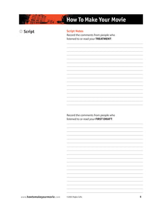 ©2003 Rajko Grlic 6www.howtomakeyourmovie.com
How To Make Your Movie
2 Script Script Notes
Record the comments from people who
listened to or read your TREATMENT:
Record the comments from people who
listened to or read your FIRST DRAFT:
 