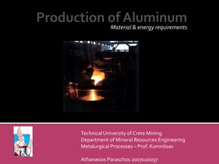 Material & energy requirements

Technical University of Crete Mining
Department of Mineral Resources Engineering
Metalurgical Processes – Prof. Komnitsas
Athanasios Paraschos 2007020037

 