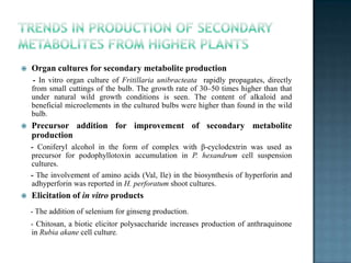    Organ cultures for secondary metabolite production
    - In vitro organ culture of Fritillaria unibracteata rapidly propagates, directly
    from small cuttings of the bulb. The growth rate of 30–50 times higher than that
    under natural wild growth conditions is seen. The content of alkaloid and
    beneficial microelements in the cultured bulbs were higher than found in the wild
    bulb.
   Precursor addition for improvement of secondary metabolite
    production
    - Coniferyl alcohol in the form of complex with β-cyclodextrin was used as
    precursor for podophyllotoxin accumulation in P. hexandrum cell suspension
    cultures.
    - The involvement of amino acids (Val, Ile) in the biosynthesis of hyperforin and
    adhyperforin was reported in H. perforatum shoot cultures.
   Elicitation of in vitro products
    - The addition of selenium for ginseng production.
    - Chitosan, a biotic elicitor polysaccharide increases production of anthraquinone
    in Rubia akane cell culture.
 