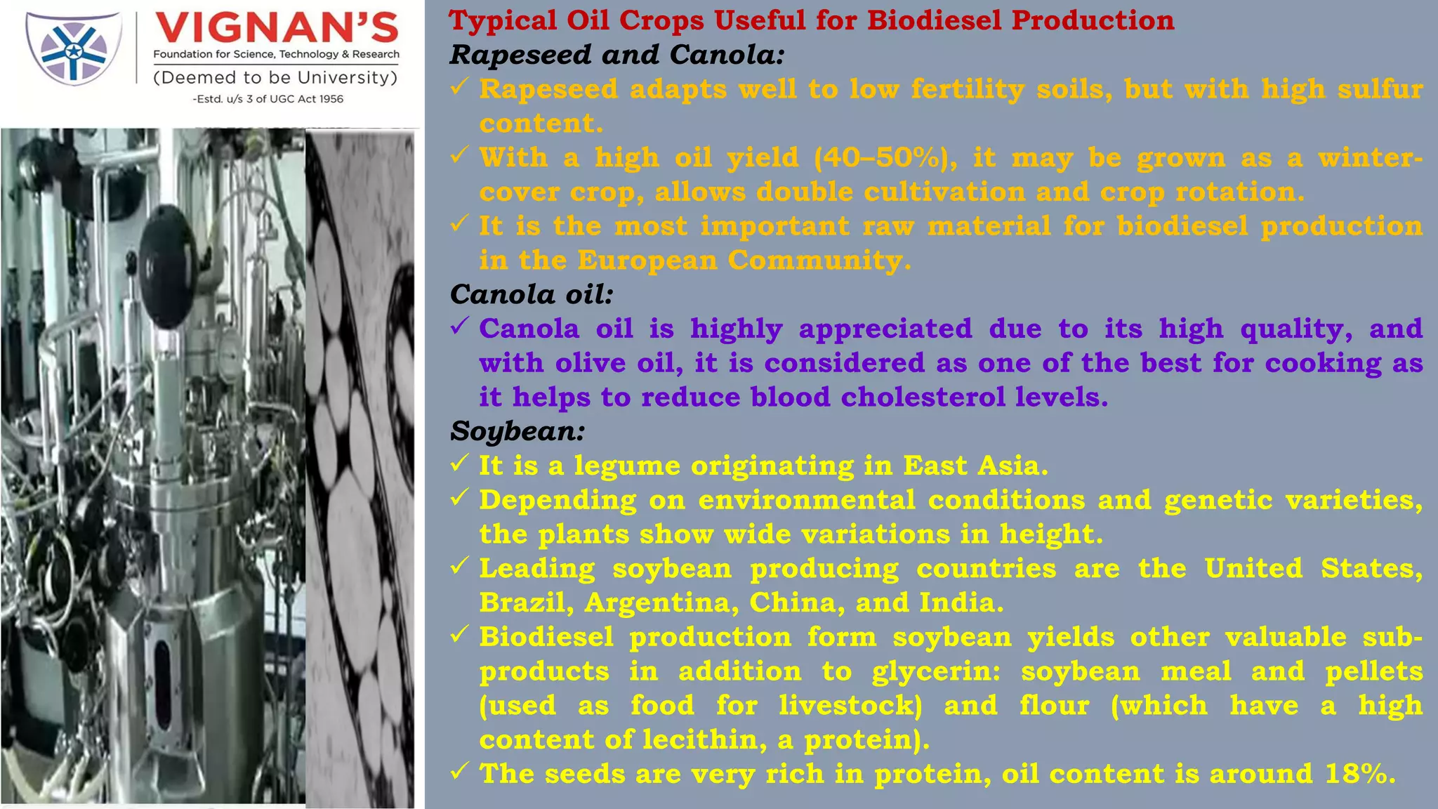 7
Typical Oil Crops Useful for Biodiesel Production
Rapeseed and Canola:
 Rapeseed adapts well to low fertility soils, but with high sulfur
content.
 With a high oil yield (40–50%), it may be grown as a winter-
cover crop, allows double cultivation and crop rotation.
 It is the most important raw material for biodiesel production
in the European Community.
Canola oil:
 Canola oil is highly appreciated due to its high quality, and
with olive oil, it is considered as one of the best for cooking as
it helps to reduce blood cholesterol levels.
Soybean:
 It is a legume originating in East Asia.
 Depending on environmental conditions and genetic varieties,
the plants show wide variations in height.
 Leading soybean producing countries are the United States,
Brazil, Argentina, China, and India.
 Biodiesel production form soybean yields other valuable sub-
products in addition to glycerin: soybean meal and pellets
(used as food for livestock) and flour (which have a high
content of lecithin, a protein).
 The seeds are very rich in protein, oil content is around 18%.
 