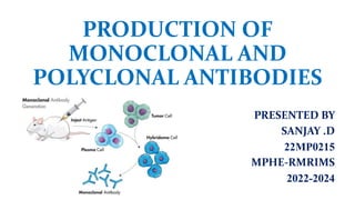 PRODUCTION OF
MONOCLONAL AND
POLYCLONAL ANTIBODIES
PRESENTED BY
SANJAY .D
22MP0215
MPHE-RMRIMS
2022-2024
 