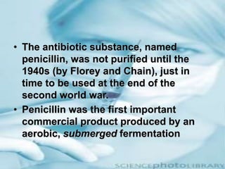 • The antibiotic substance, named
penicillin, was not purified until the
1940s (by Florey and Chain), just in
time to be used at the end of the
second world war.
• Penicillin was the first important
commercial product produced by an
aerobic, submerged fermentation
 