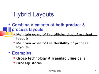© Wiley 2010 7
Hybrid Layouts
 Combine elements of both product &
process layouts
 Maintain some of the efficiencies of product
layouts
 Maintain some of the flexibility of process
layouts
 Examples:
 Group technology & manufacturing cells
 Grocery stores
 