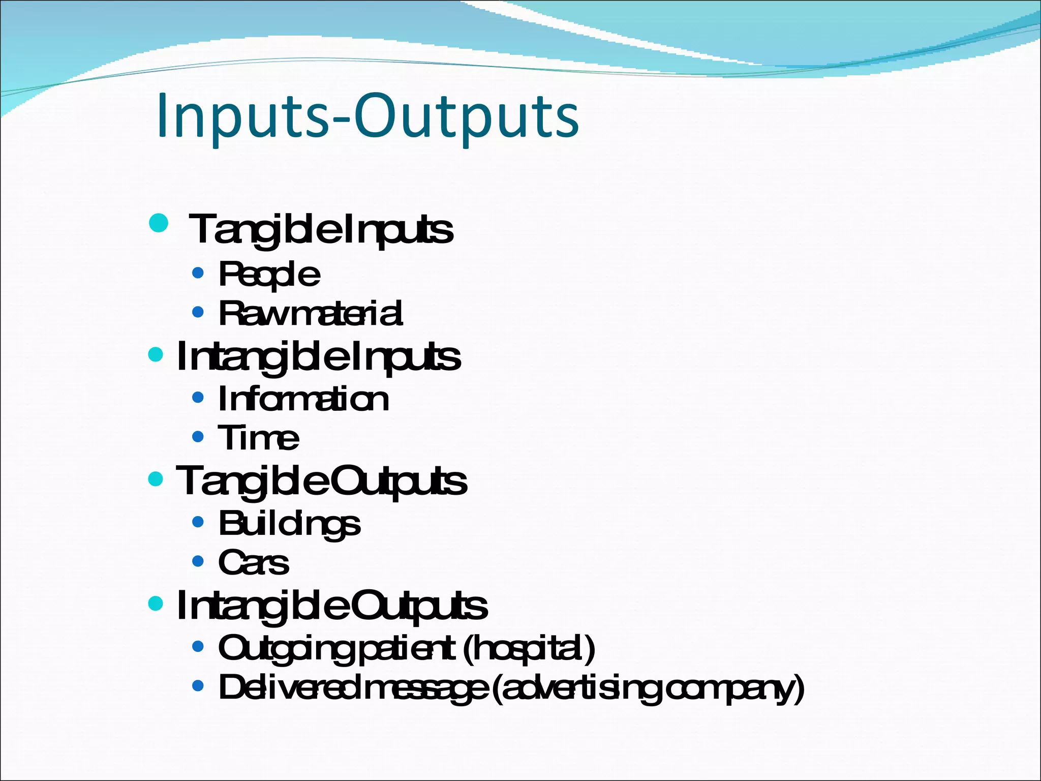 Inputs-Outputs Tangible Inputs People Raw material Intangible Inputs Information Time Tangible Outputs Buildings Cars Intangible Outputs Outgoing patient (hospital) Delivered message (advertising company) 