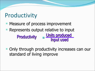 Productivity Measure of process improvement Represents output relative to input Only through productivity increases can our standard of living improve Productivity Units   produced Input used =  