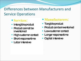Differences between Manufacturers and Service Operations Services: Intangible product Product cannot be inventoried High customer contact Short response time Labor intensive Manufacturers: Tangible product Product can be inventoried Low customer contact Longer response time Capital intensive 