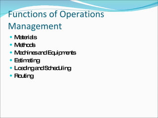 Functions of Operations Management Materials Methods Machines and Equipments Estimating Loading and Scheduling Routing 