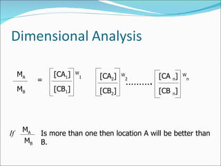 M A M B = [CA 1 ]  W 1 [CB 1 ] [CA 2 ]  W 2 [CB 2 ] [CA  n ]  W n [CB  n ] ……… . If  M A M B Is more than one then location A will be better than B.  