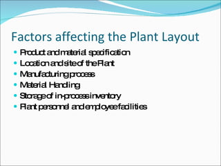 Factors affecting the Plant Layout Product and material specification Location and site of the Plant Manufacturing process Material Handling Storage of in-process inventory Plant personnel and employee facilities 