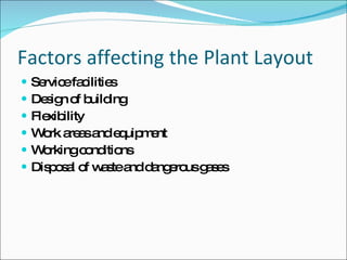 Factors affecting the Plant Layout <ul><li>Service facilities </li></ul><ul><li>Design of building </li></ul><ul><li>Flexi...