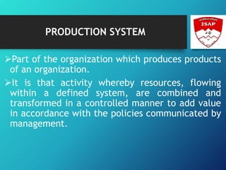 PRODUCTION SYSTEM
Part of the organization which produces products
of an organization.
It is that activity whereby resources, flowing
within a defined system, are combined and
transformed in a controlled manner to add value
in accordance with the policies communicated by
management.
 