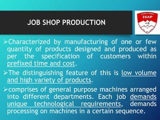 JOB SHOP PRODUCTION
Characterized by manufacturing of one or few
quantity of products designed and produced as
per the specification of customers within
prefixed time and cost.
The distinguishing feature of this is low volume
and high variety of products.
comprises of general purpose machines arranged
into different departments. Each job demands
unique technological requirements, demands
processing on machines in a certain sequence.
 