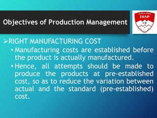 Objectives of Production Management
RIGHT MANUFACTURING COST
• Manufacturing costs are established before
the product is actually manufactured.
• Hence, all attempts should be made to
produce the products at pre-established
cost, so as to reduce the variation between
actual and the standard (pre-established)
cost.
 
