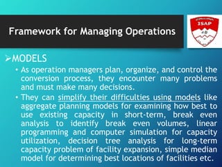 Framework for Managing Operations
MODELS
• As operation managers plan, organize, and control the
conversion process, they encounter many problems
and must make many decisions.
• They can simplify their difficulties using models like
aggregate planning models for examining how best to
use existing capacity in short-term, break even
analysis to identify break even volumes, linear
programming and computer simulation for capacity
utilization, decision tree analysis for long-term
capacity problem of facility expansion, simple median
model for determining best locations of facilities etc.
 